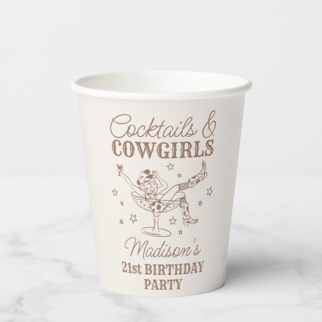Beige Cocktails and Cowgirls Rodeo Birthday Paper Cups (Back)