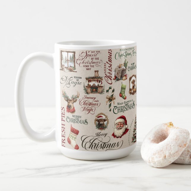 Beige Collage with Santa, Trees & Stockings Coffee Mug (With Donut)