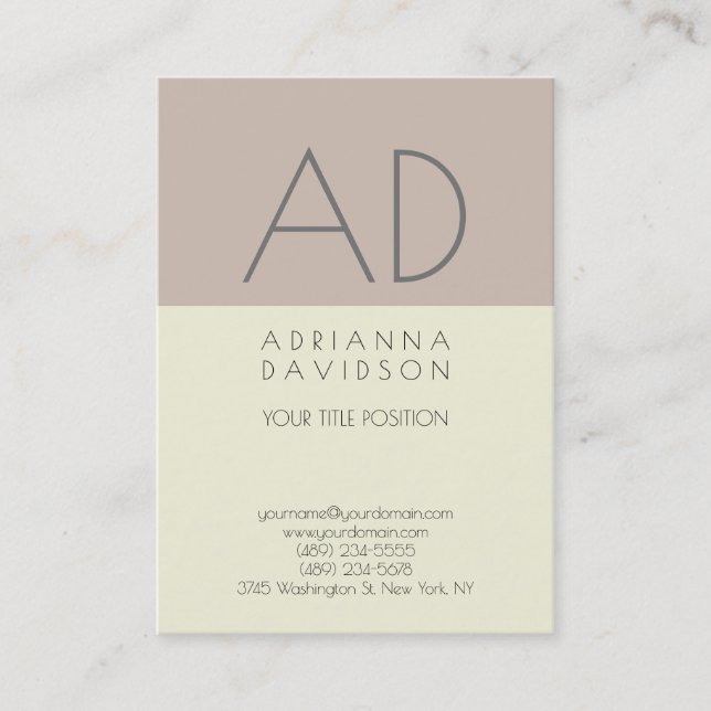 Beige Colour Trendy Vertical Monogram Minimalist Business Card (Front)
