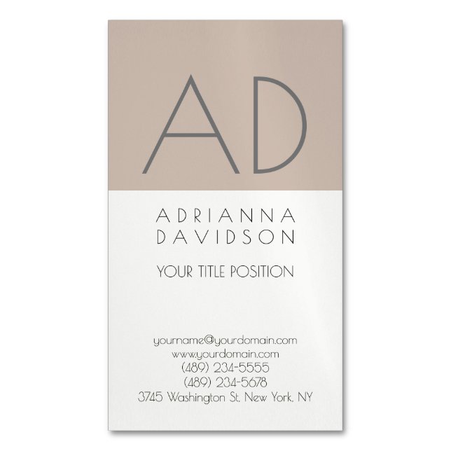 Beige Colour Trendy Vertical Monogram Minimalist Magnetic Business Card (Front Vertical)