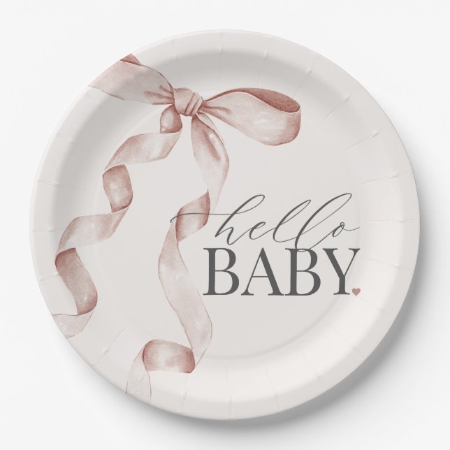 Beige Coquette Bow Girl Baby Shower Decor Paper Plate (Front)