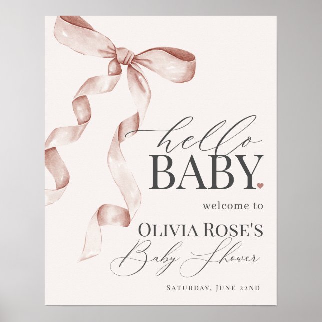 Beige Coquette Bow Girl Baby Shower Welcome Sign (Front)
