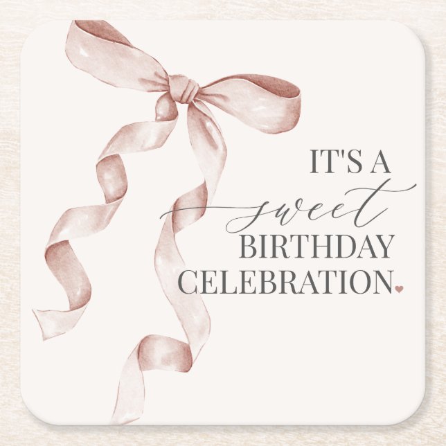 Beige Coquette Bow Girl Birthday Party Decor Square Paper Coaster (Front)