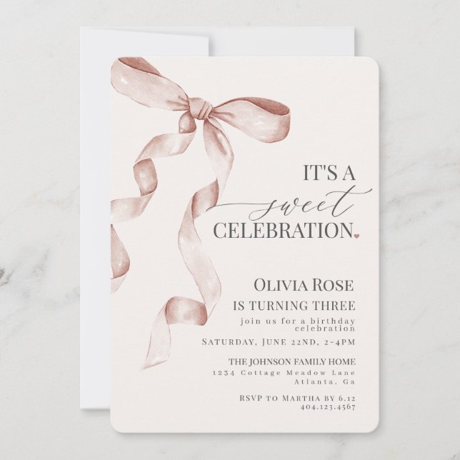 Beige Coquette Bow Girl Birthday Party Invitation (Front)