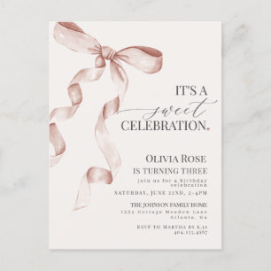 Beige Coquette Bow Girl Birthday Party Invitation Postcard