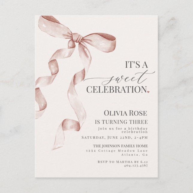 Beige Coquette Bow Girl Birthday Party Invitation Postcard (Front)