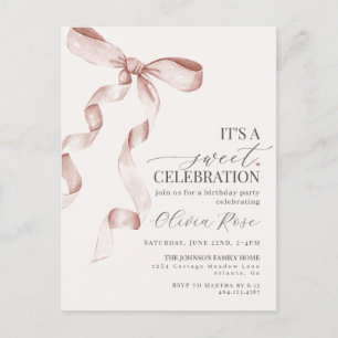 Beige Coquette Bow Girl Birthday Party Invitation Postcard