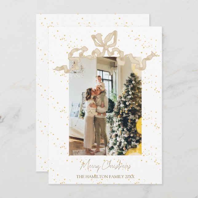 Beige Coquette Bow Photo Christmas   Holiday Card (Front/Back)