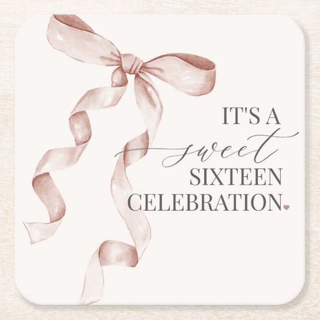 Beige Coquette Bow Sweet 16 Birthday Party Decor Square Paper Coaster (Front)