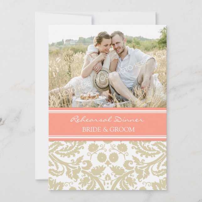 Beige Coral Damask Photo Rehearsal Dinner Party Invitation (Front)