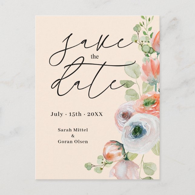 Beige Coral Floral Wedding Save the date  Postcard (Front)
