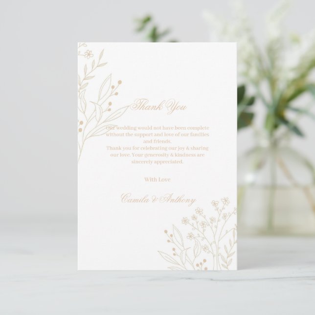 Beige Corner Floral Boho Wedding Thank You Card (Standing Front)