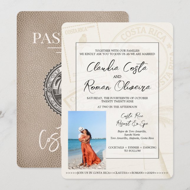 Beige Costa Rica Passport Wedding Invitation (Front/Back)