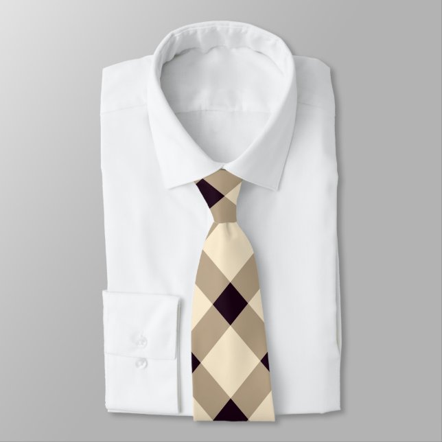 Beige, Cream, and Dark Maroon Diagonal Gingham  Tie (Tied)