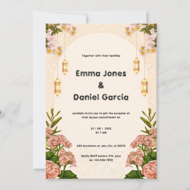 Beige Cream and Pink Wedding Invitation (Front)