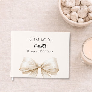 Beige cream bow birthday guest book