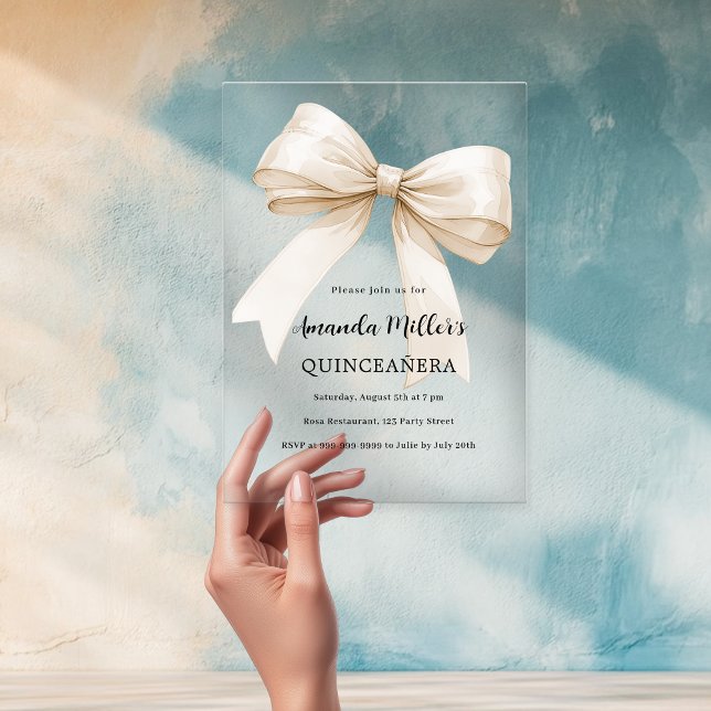 Beige cream bow clear Quinceanera luxury Acrylic Invitations (Creator Uploaded)