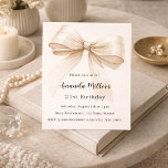 Beige cream bow elegant birthday invitation<br><div class="desc">A soft beige,  cream coloured background,  decorated with a large bow. Personalise and add a name and party details. 

1 sheet = 1 invitation printed edge to edge.</div>