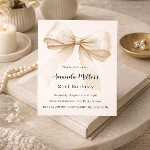 Beige cream bow elegant birthday invitation