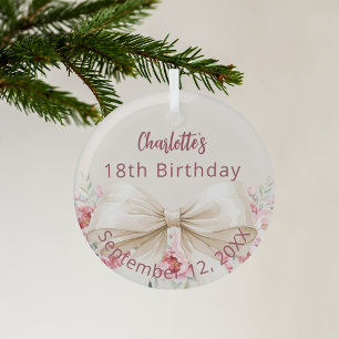 Beige cream bow florals birthday glass tree decoration