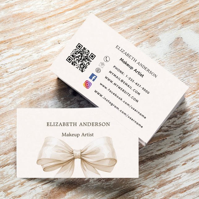 Beige cream bow qr code social media business card (Creator Uploaded)