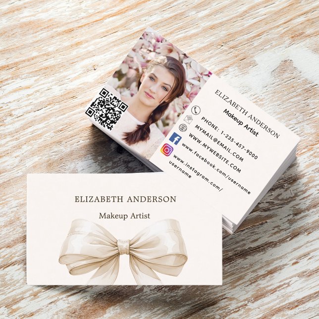 Beige cream bow qr code social media photo business card (Creator Uploaded)