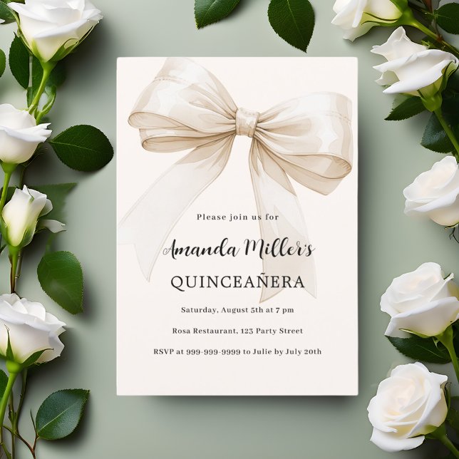 Beige cream bow Quinceanera luxury Invitation (Creator Uploaded)