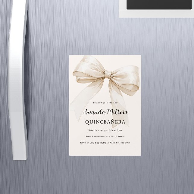 Beige cream bow Quinceanera luxury Magnetic Invitation (Creator Uploaded)