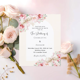 Beige cream bows pink florals wedding invitation