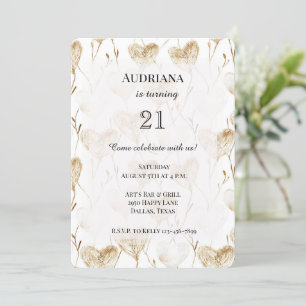 Beige Cream Brown White Hearts Boho Birthday Invitation