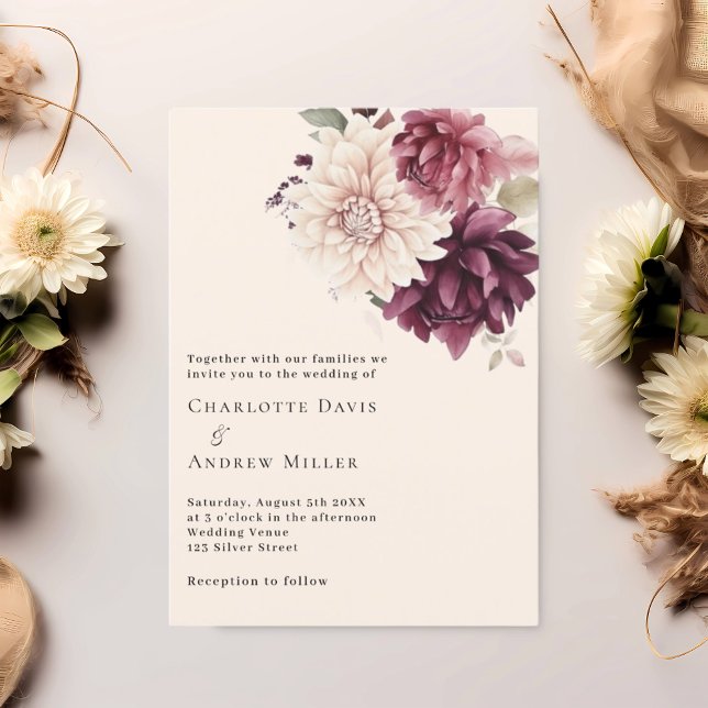 Beige cream burgundy florals wedding invitation (Creator Uploaded)