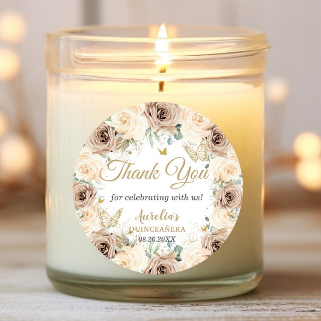 Beige Cream Champagne Floral Quinceañera Sweet 16 Classic Round Sticker (Creator Uploaded)