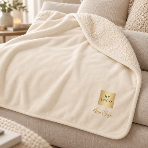 Beige cream corporate logo company name script sherpa blanket