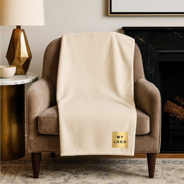 Beige cream corporate logo custom company gift fleece blanket (Creator Uploaded)