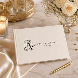 Beige Cream Elegant Script Monogram Wedding Guest Book