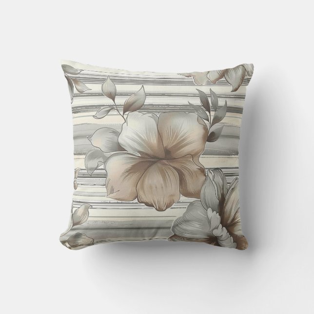 Beige cream flower blossom vertical grunge stripes cushion (Front)