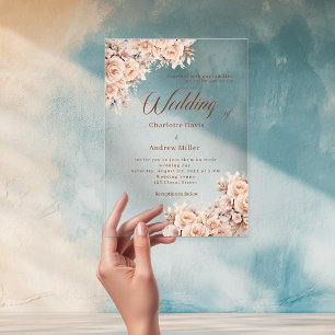 Beige cream flowers clear wedding acrylic invitations