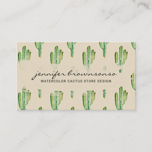 Beige Cream Green Flower Cute Cactus Business Card (Front)