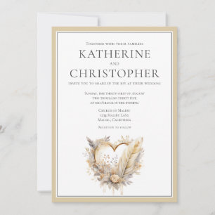 Beige Cream Grey Feathers Heart Boho Wedding Invitation