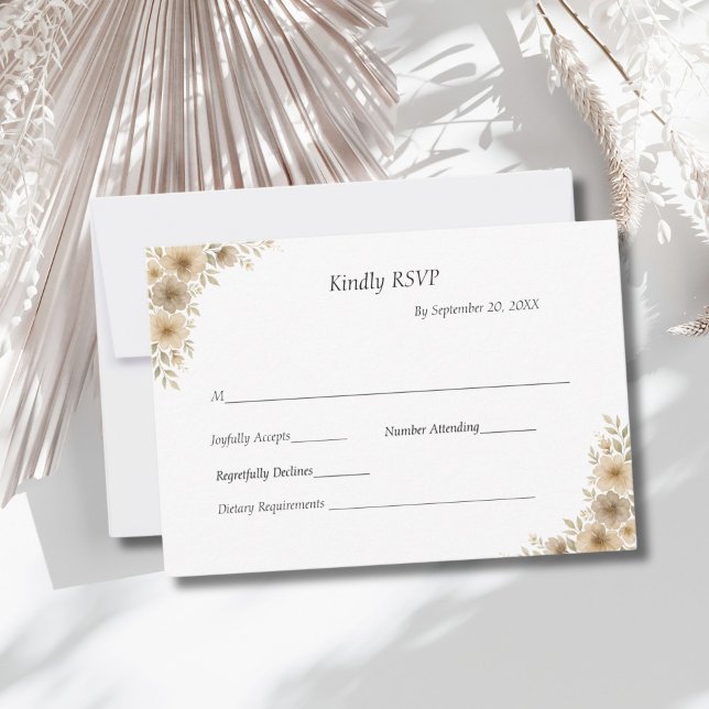 Beige Cream Grey Floral Traditional Formal Wedding RSVP Card (Beige Cream Gray Neutral watercolor florals boho modern wedding RSVP card)