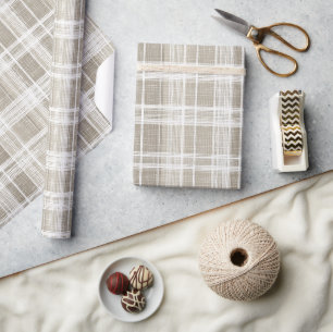 Beige Cream Neutral Windowpane Linen Plaid Pattern Wrapping Paper