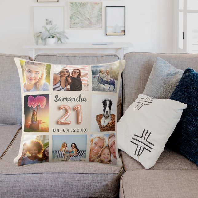 Beige cream photo collage 21st birthday cushion (Creator Uploaded)