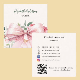 Beige cream pink bow flowers QR code social media Square Business Card