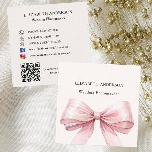 Beige cream pink bow QR code social media Square Business Card