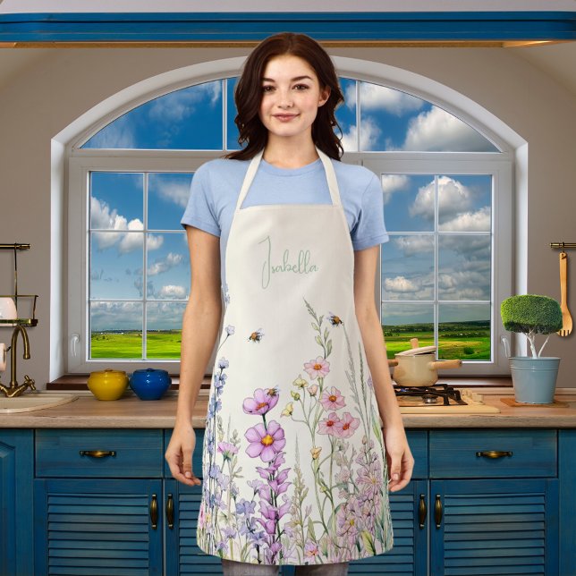 Beige cream pink purple wildflowers name apron (Creator Uploaded)