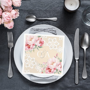 Beige cream pink roses florals monogram wedding napkin