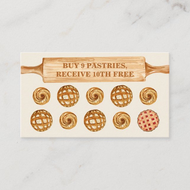 Beige Cream Rolling Pin Bakery Cookies Loyalty Business Card (Front)