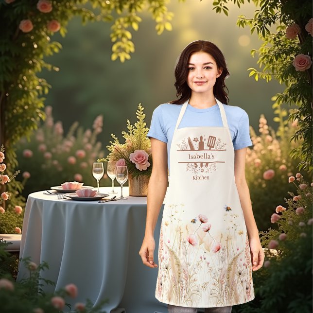 Beige cream watercolor wildflowers pink boho apron (Creator Uploaded)