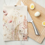 Beige cream watercolor wildflowers pink boho tea towel<br><div class="desc">A boho style apron. A beige,  cream coloured background. Decorated with watercolored pink wildflowers and bees. Personalise and add your name.</div>
