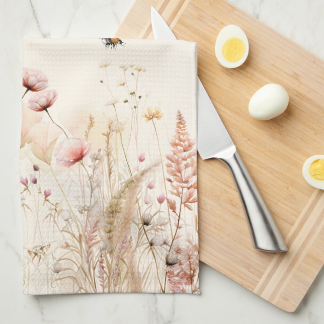 Beige cream watercolor wildflowers pink boho tea towel (Quarter Fold)
